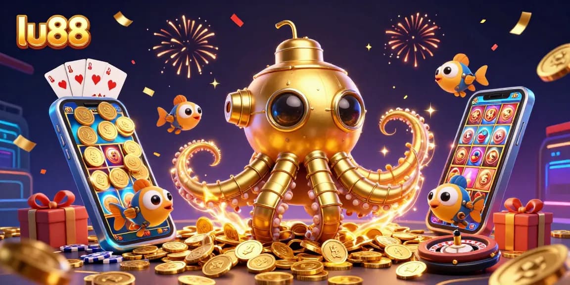 Engage with lu88's thrilling gaming experience as the kraken submarine emerges from golden coins!