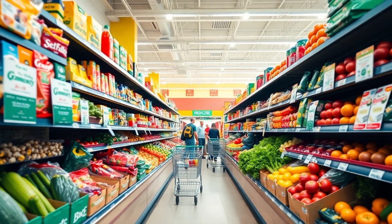 Discover vibrant grocery sales with fresh produce and organized shelves in a bustling supermarket.