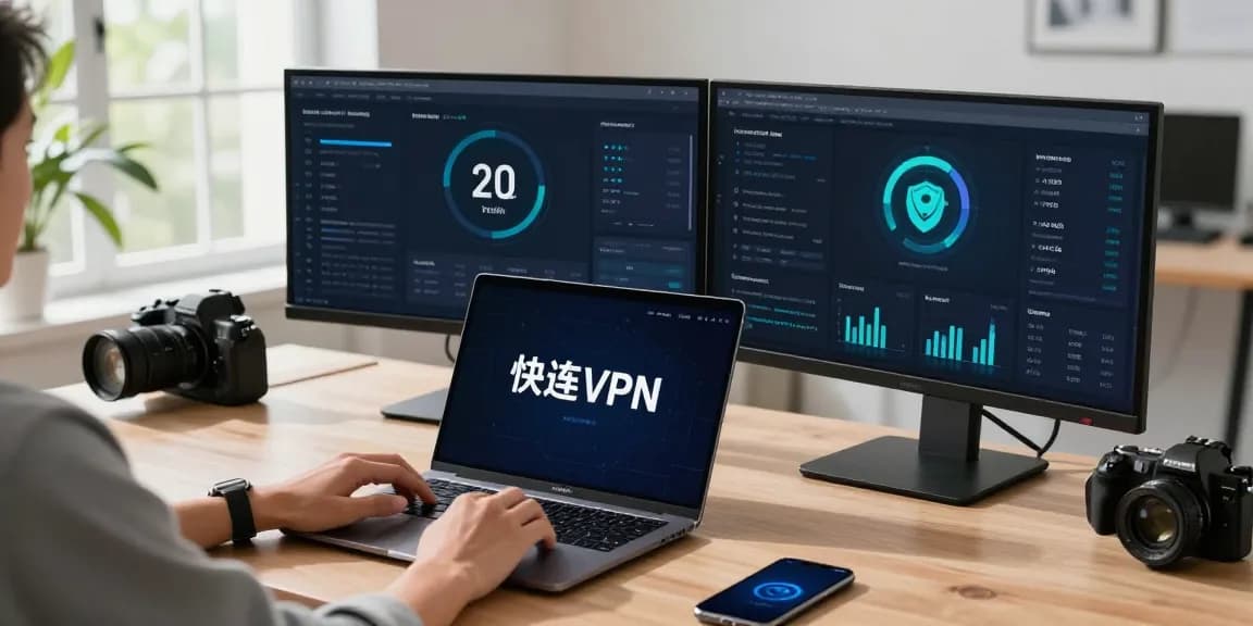 Seamless 快连 VPN connection in a modern office with a laptop and dual monitors.