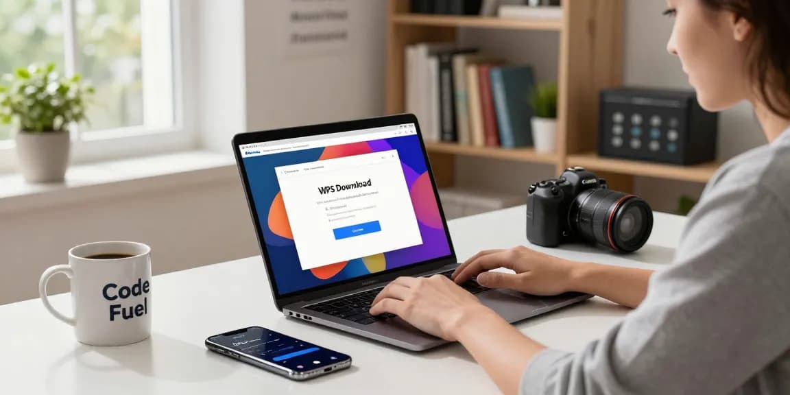 WPS Download page displayed on a laptop in a vibrant tech workspace with productivity elements.