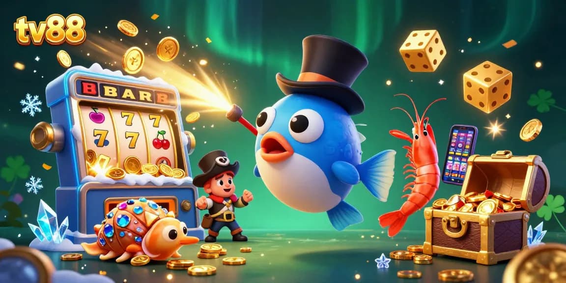 Engage with exciting rewards at tv88 as a vibrant anglerfish and pirate shrimp celebrate in a dazzling casino scene.