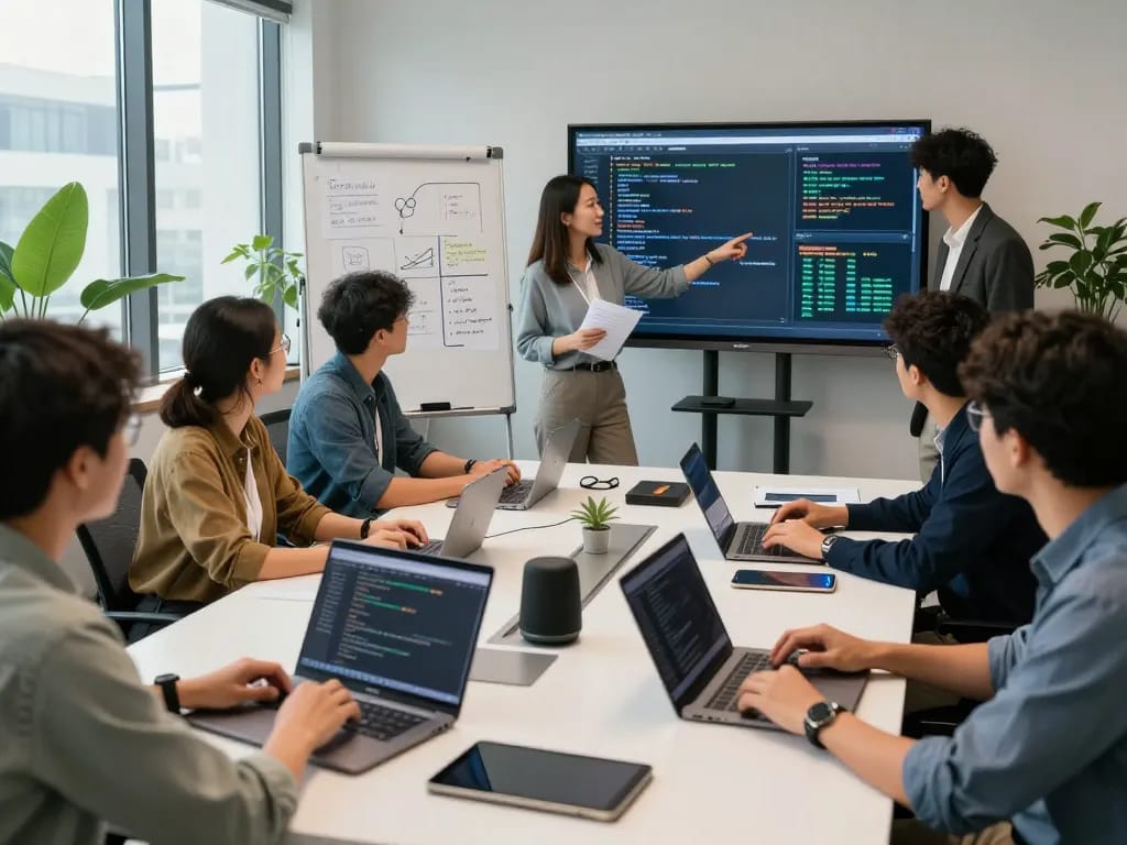 AI development team brainstorming innovative crushonai solutions in a modern workspace.