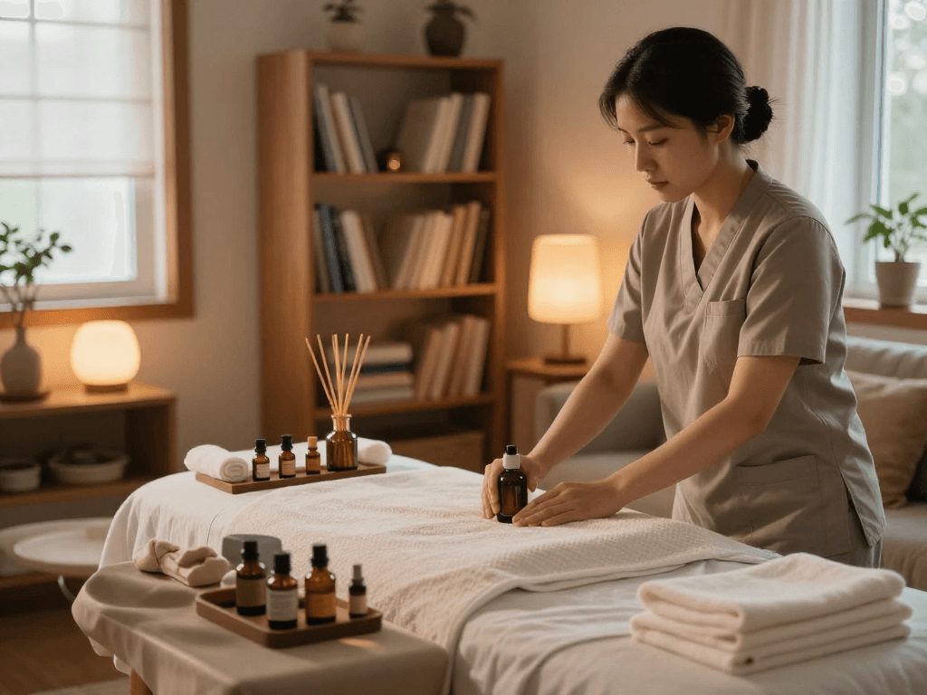 Experience peaceful 파주출장안마 with a professional therapist creating a serene home massage environment.