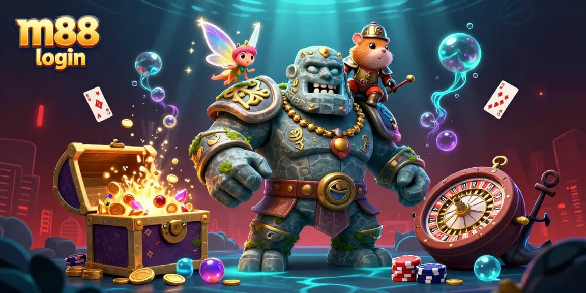 Experience exciting betting at m88 login with ancient golem protector and magical companions amidst casino charm.