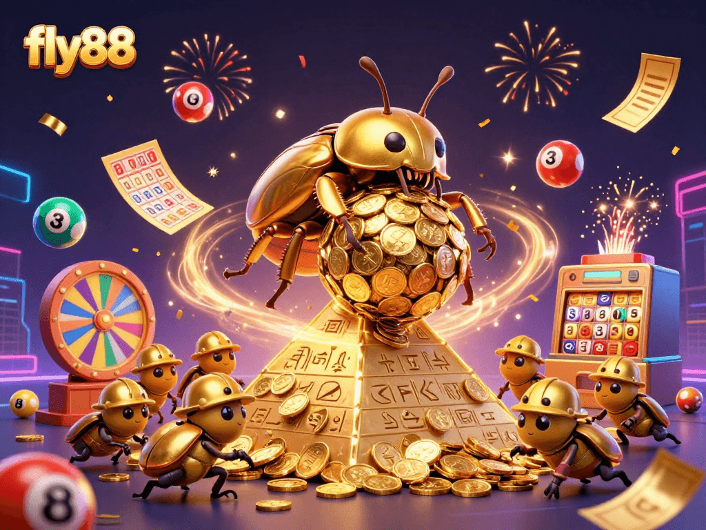 Experience thrilling excitement at fly88 casino with vibrant illustrations of games, jackpots, and lottery fun.