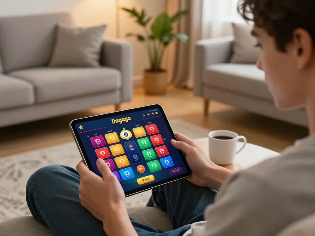 Engaged player using Dagago app for strategic online betting in a cozy home setting.