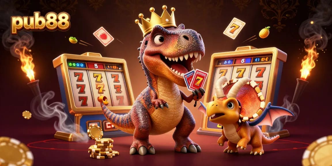 Experience the excitement of pub88 with a T-Rex shuffling cards in a lively, vibrant casino scene.