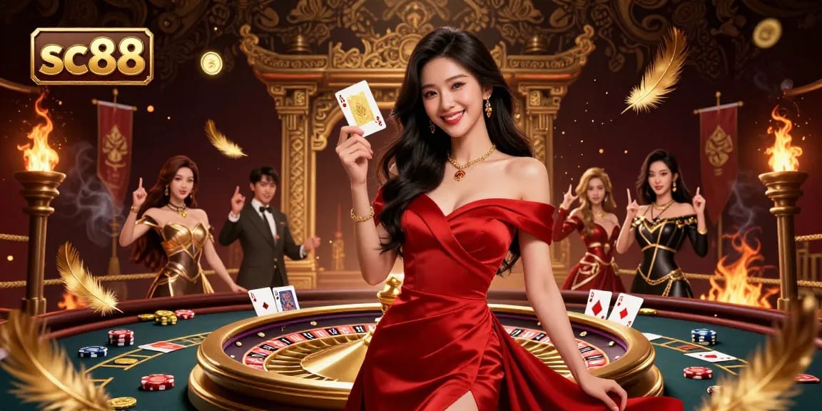 Experience the thrill of sc88 online casino with a stunning young woman in a vibrant gaming illustration.