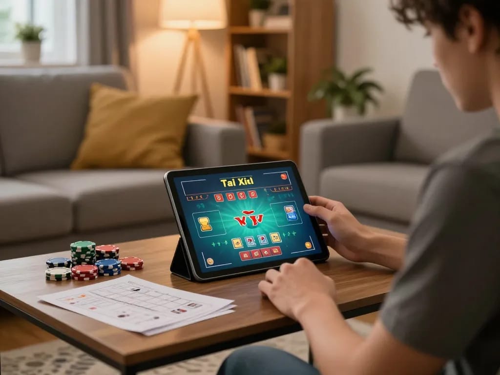 Tài Xỉu online gaming experience in a cozy living room with a tablet and strategy notes.