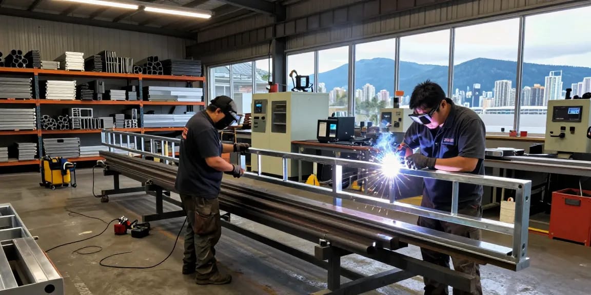 Expert team in a metal fabrication north vancouver workshop, showcasing custom steel rails and precision tools.