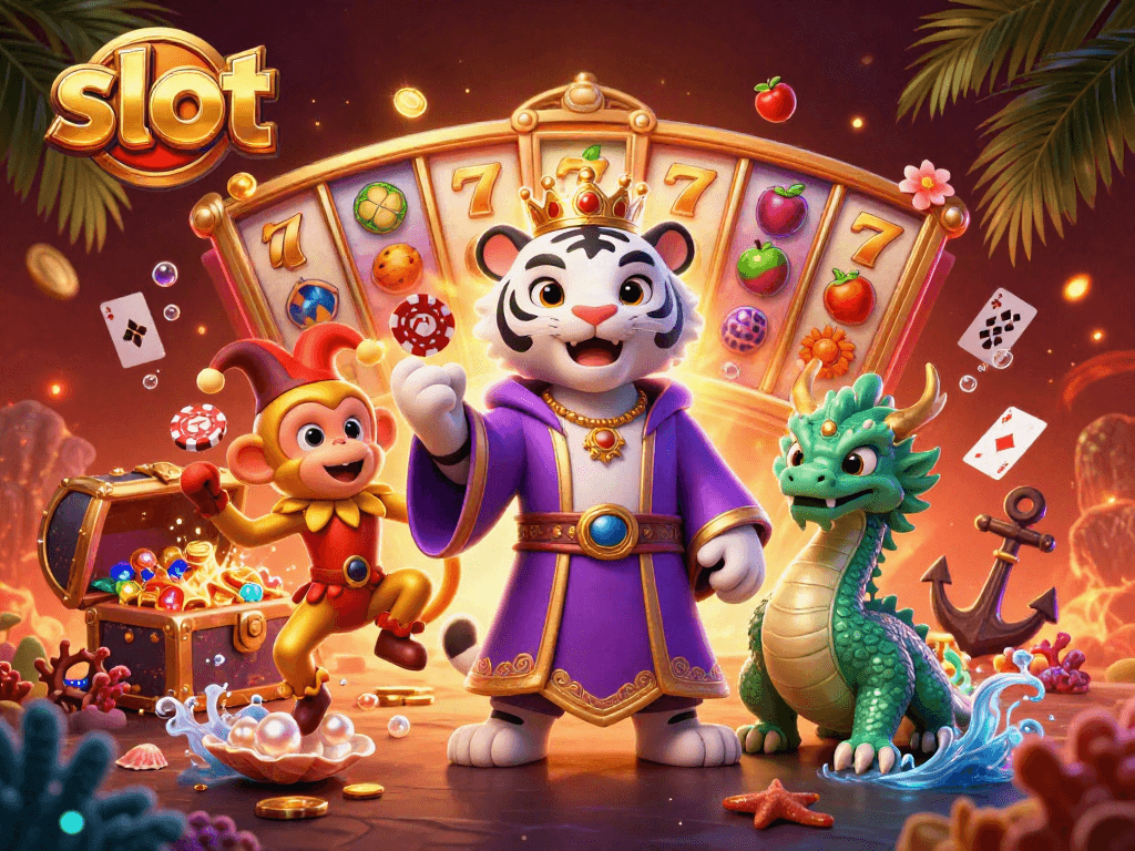 Engage in thrilling slot action with a white tiger and golden monkey in a vibrant casino scene.
