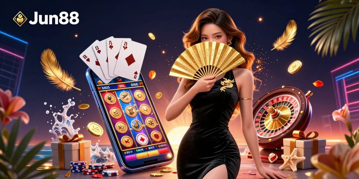 Spin and win at Jun88, showcasing a stunning Asian woman amidst captivating casino elements.