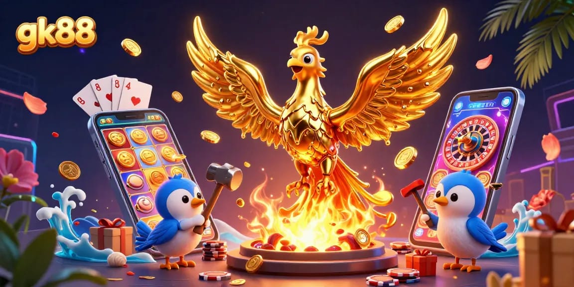Engage with gk88's vibrant casino experience featuring a molten phoenix and slot games.