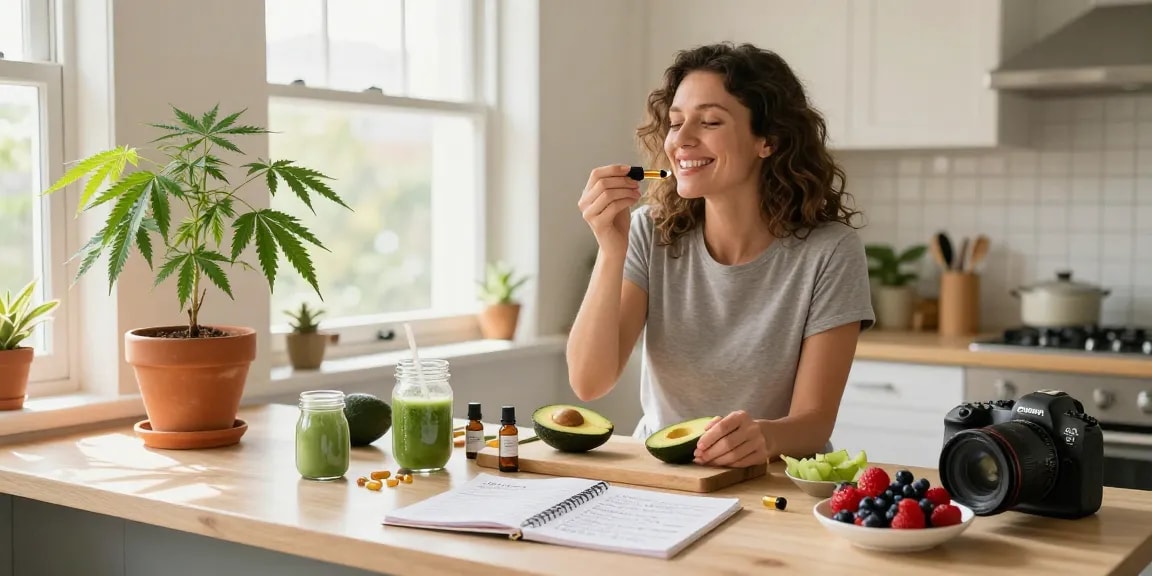 Ministry of Cannabis CBD oil tincture in a bright kitchen with fresh ingredients, promoting natural wellness and health benefits.