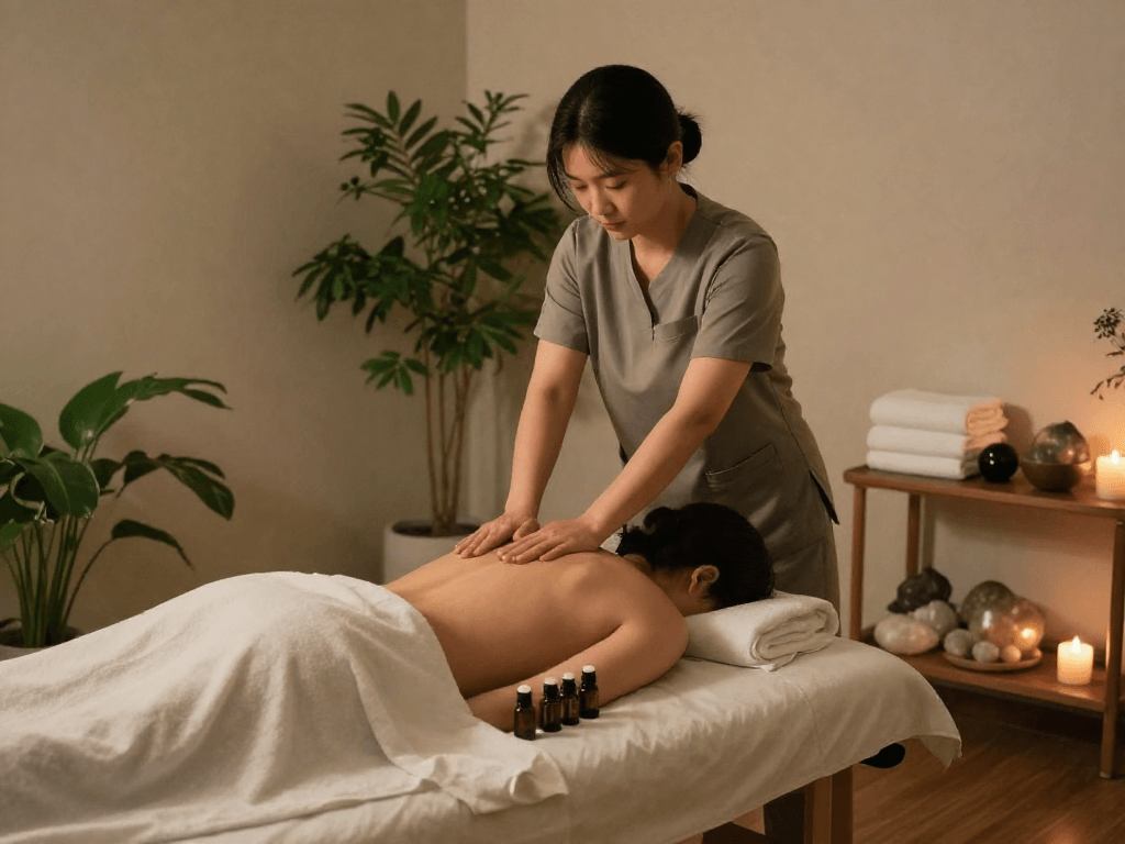 Relaxing 강동구출장안마 massage therapy scene with therapist, calming ambiance, essential oils, and plush treatment table.