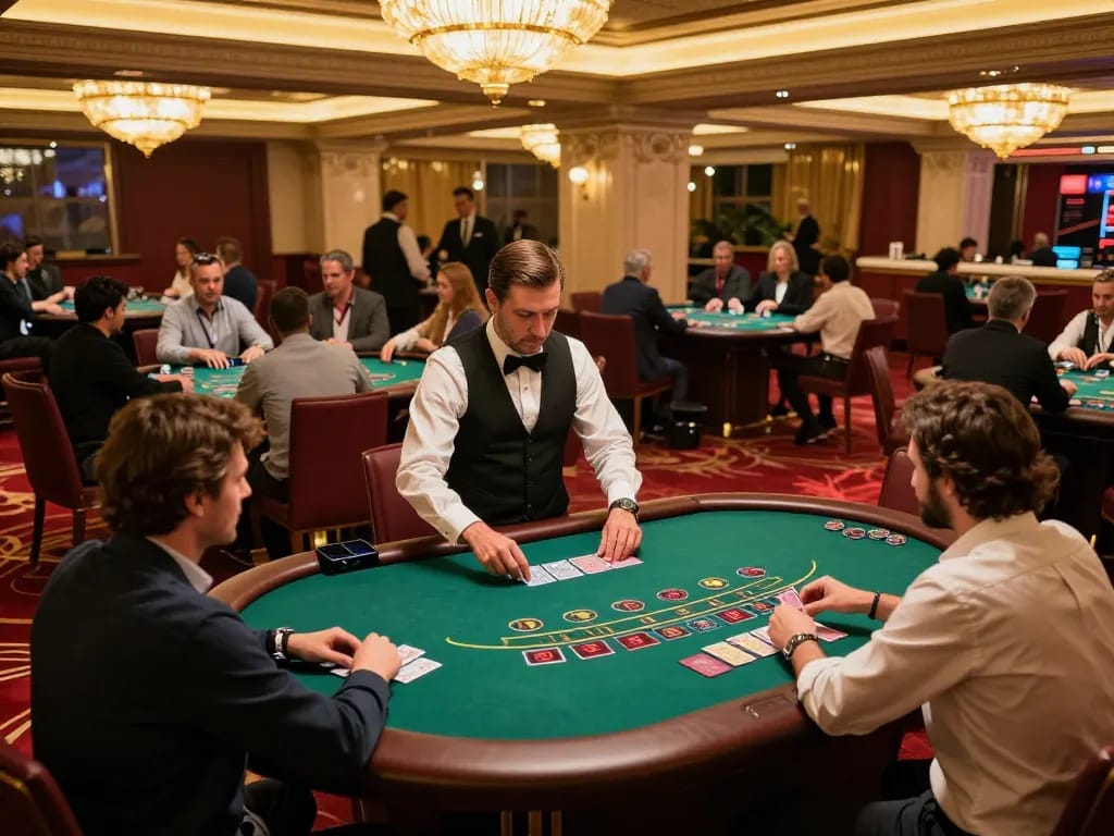 Kuwin players engaging in high-stakes blackjack at a luxurious casino table with chips stacked.