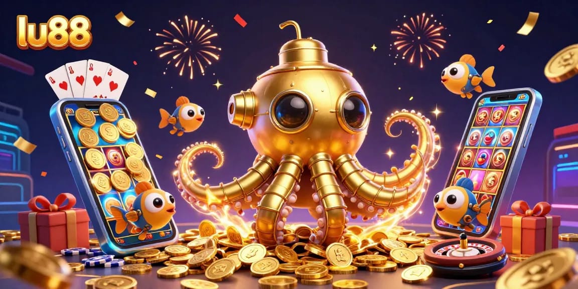 Engage with lu88's thrilling gaming experience as the kraken submarine emerges from golden coins!