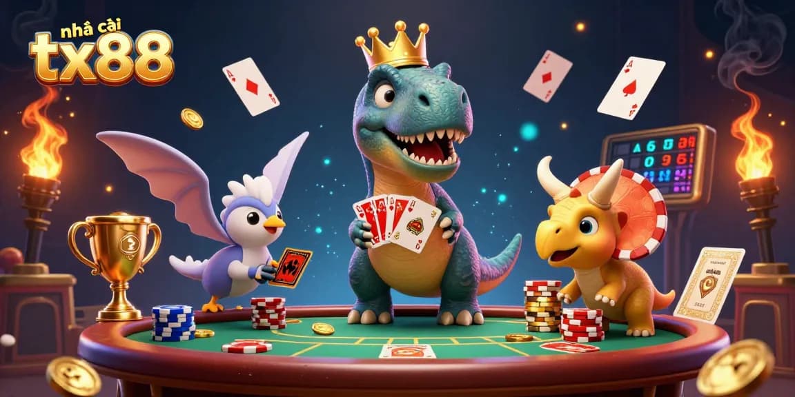 Engage with nhà cái tx88 as a T-Rex plays cards with assistance from a pterodactyl and triceratops.
