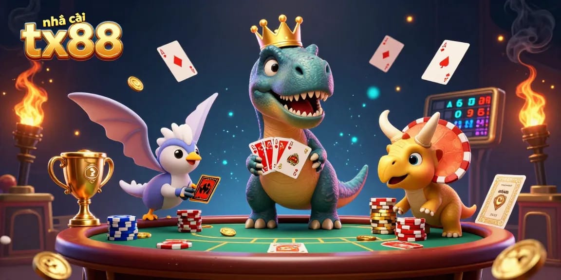 Engage with nhà cái tx88 as a T-Rex plays cards with assistance from a pterodactyl and triceratops.