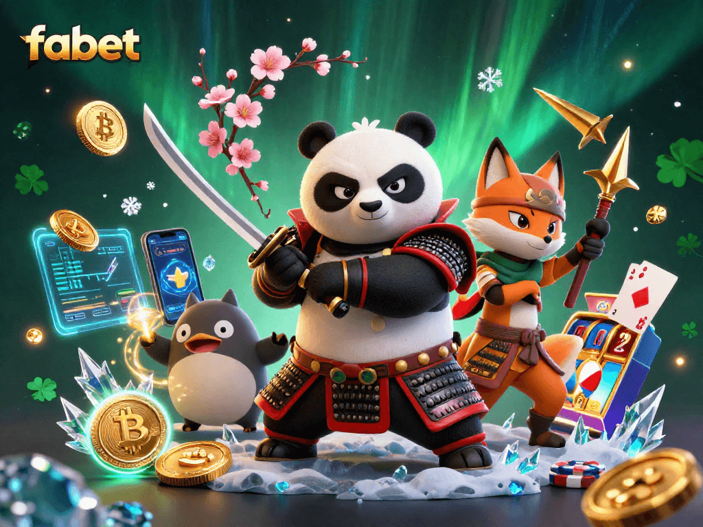 Engage with fabet's thrilling gaming scene featuring samurai panda and vibrant casino elements.