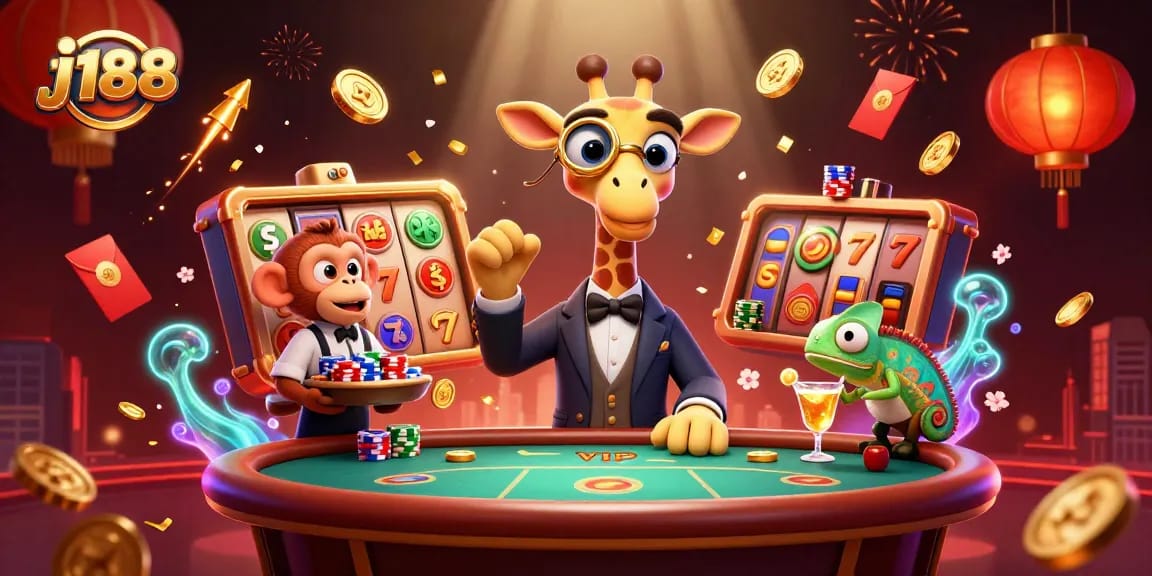 Experience thrilling wins at J188 with a vibrant 3D casino atmosphere, featuring a high-roller giraffe and exciting game elements.
