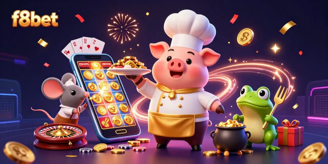 Experience the excitement of f8bet with a vibrant 3D casino scene filled with action and gold.