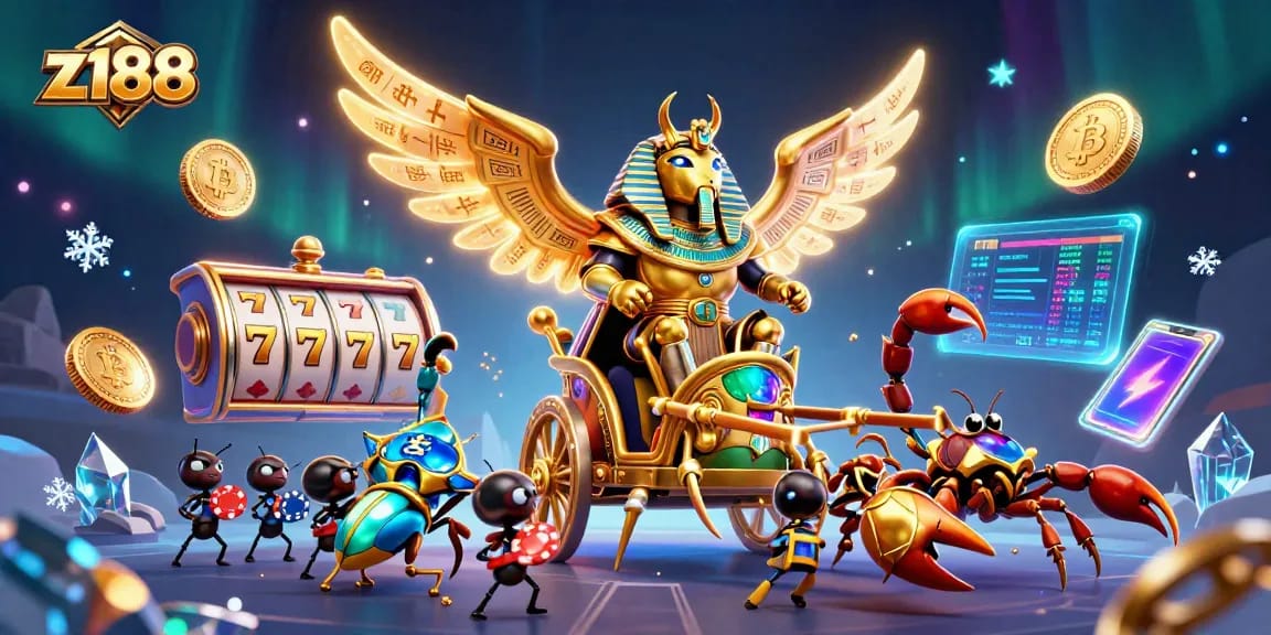 Experience thrilling online gaming at z188 with vibrant slot elements and a dynamic 3D scene.
