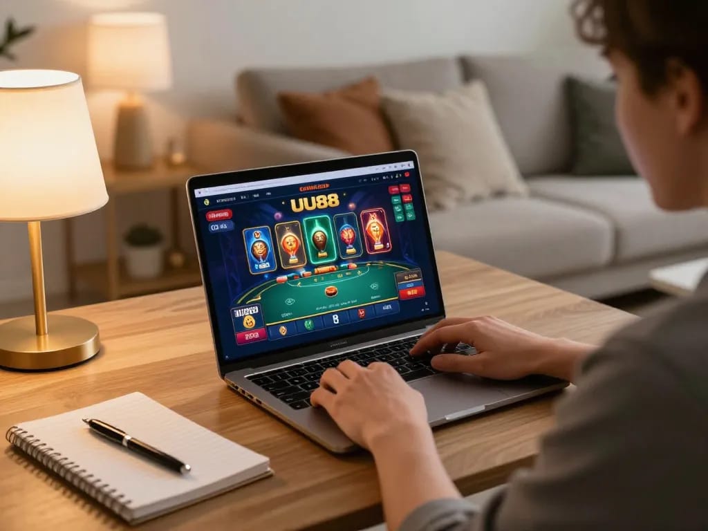 Engaging in online gambling on UU 88 with a tablet in a cozy home setting.