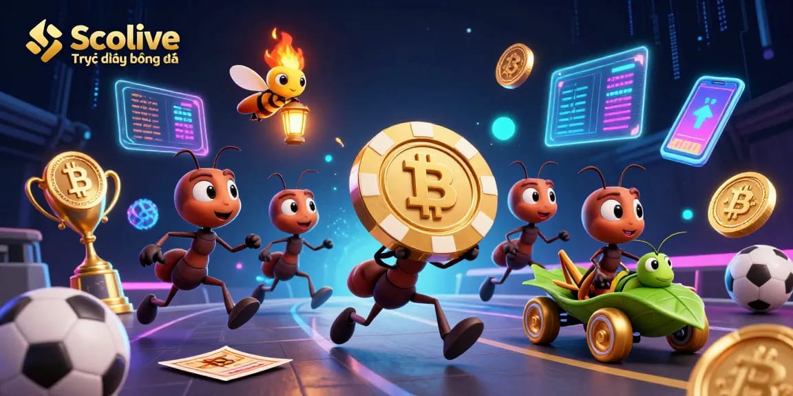 Socolive trực tiếp bóng đá showcases a vibrant scene with a team of ants executing a heist while surrounded by sporting elements and digital coins, emphasizing a gambling theme.