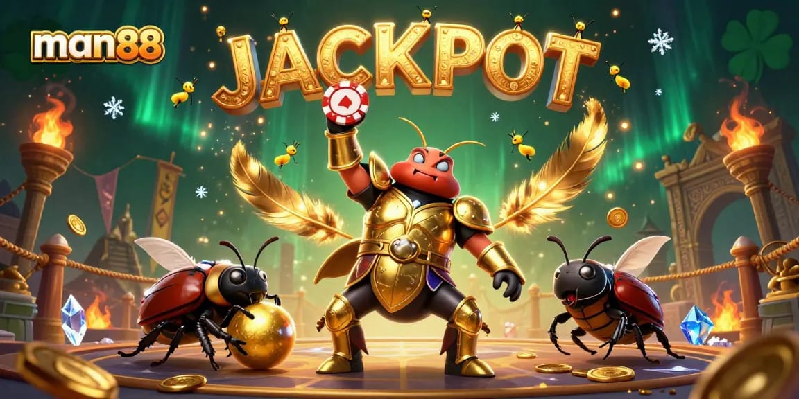 Experience man88's thrilling jackpot as the victorious beetle lifts a poker chip amidst a vibrant casino setting.