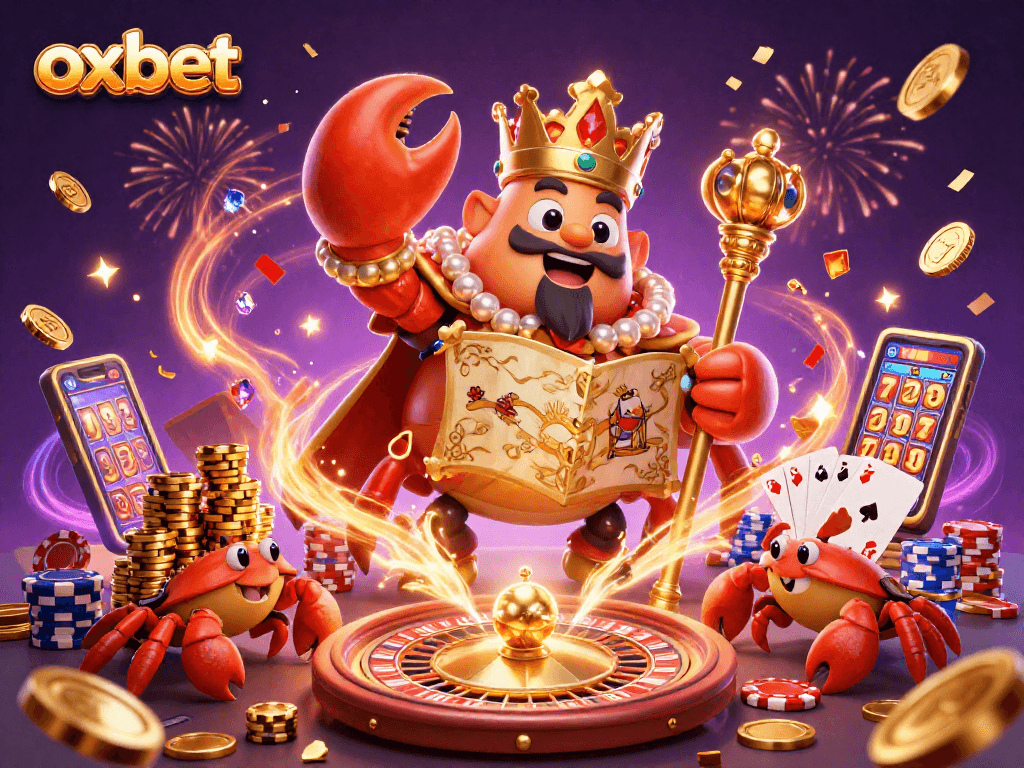 Experience the excitement of oxbet with a golden crab emperor amidst casino treasures and fireworks.