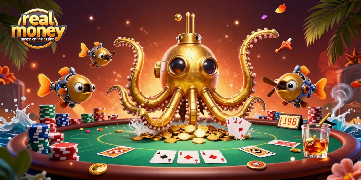 Win big at a real money Aussie online casino featuring a golden kraken submarine amidst vibrant casino elements.