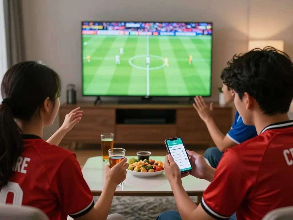 Kèo nhà cái betting app in use during a live football match at home with friends.