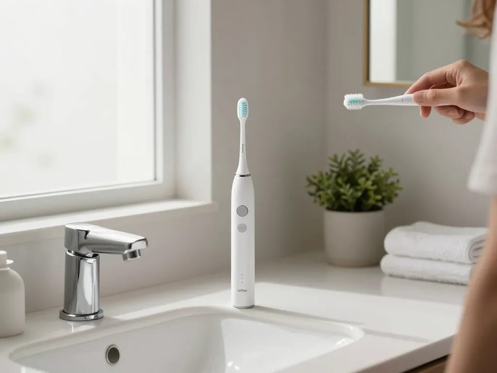 A user demonstrating the Laifen electric toothbrush in a modern, stylish bathroom setting.