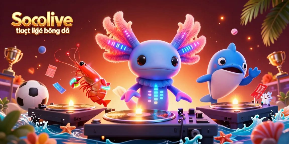 Socolive trực tiếp bóng đá scene featuring an axolotl DJ with shrimp dancers and a hype-man in an energetic atmosphere.