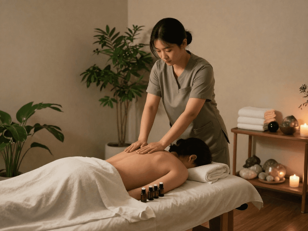 Relaxing 강동구출장안마 massage therapy scene with therapist, calming ambiance, essential oils, and plush treatment table.