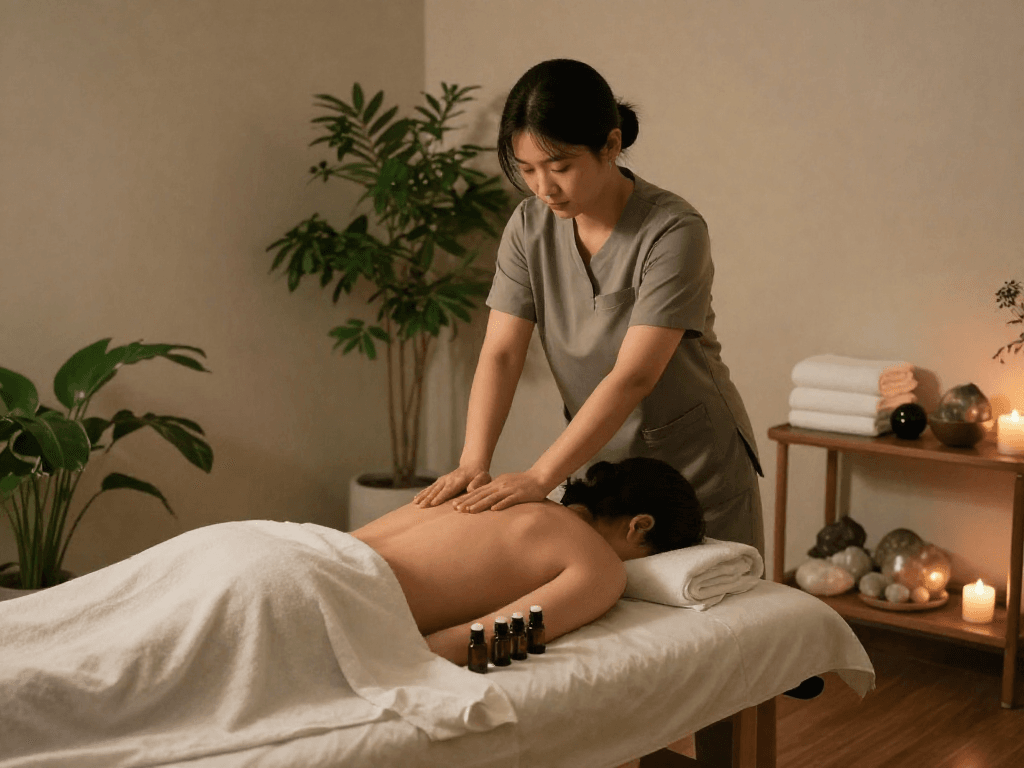 Relaxing 강동구출장안마 massage therapy scene with therapist, calming ambiance, essential oils, and plush treatment table.