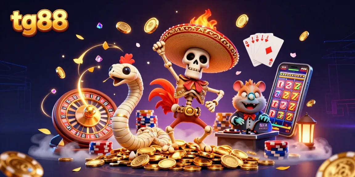 Engaging tg88 casino experience with a dancing mariachi rooster amidst vibrant gaming elements