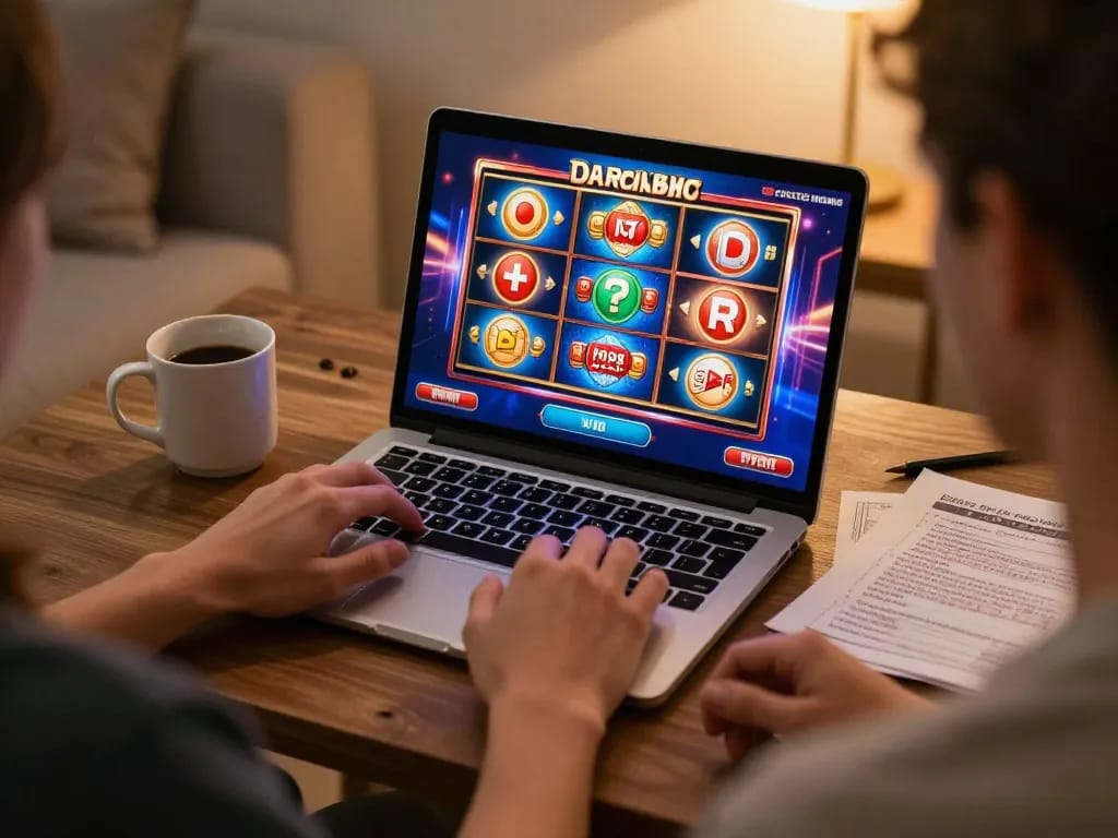 Person enjoying online slots at home using the jus77 platform, showcasing vibrant gameplay.