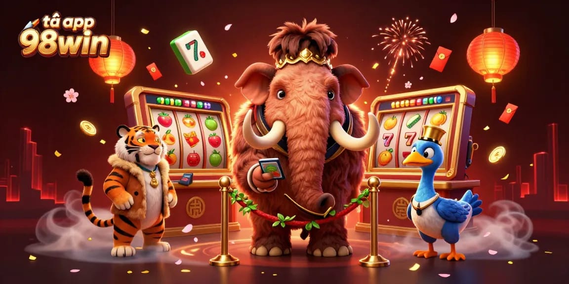 Join the adventure with tải app 98win, featuring an exciting casino scene with cartoon characters and vibrant game elements.
