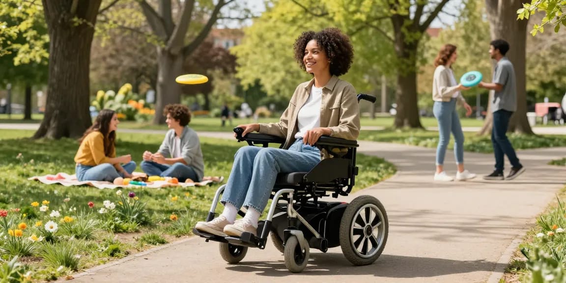 Individual joyfully using a fauteuil roulant electrique pliable in a sunny park surrounded by friends and nature.