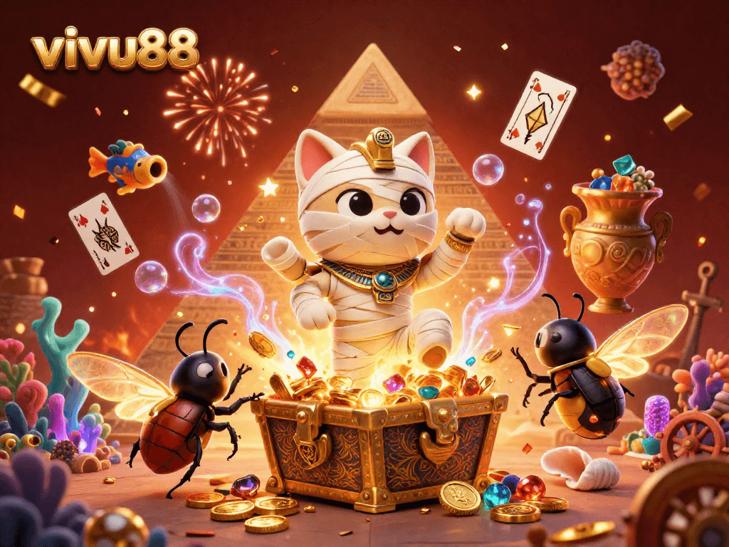 Experience exciting gameplay at vivu88 with animated Egyptian mummy cat and golden treasures.