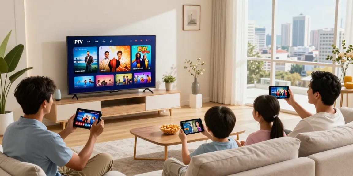 Family enjoying IPTV multi ecrans on various devices in a modern living room.