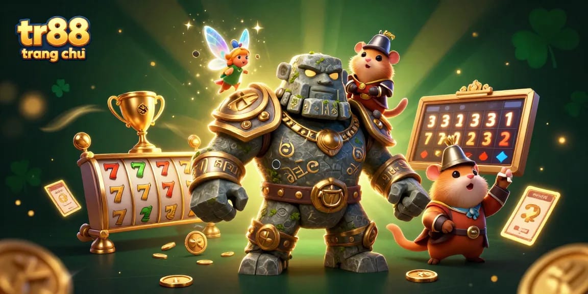 Engage with tr88 trang chủ: A vibrant illustration of a casino adventure with characters and slot game elements.