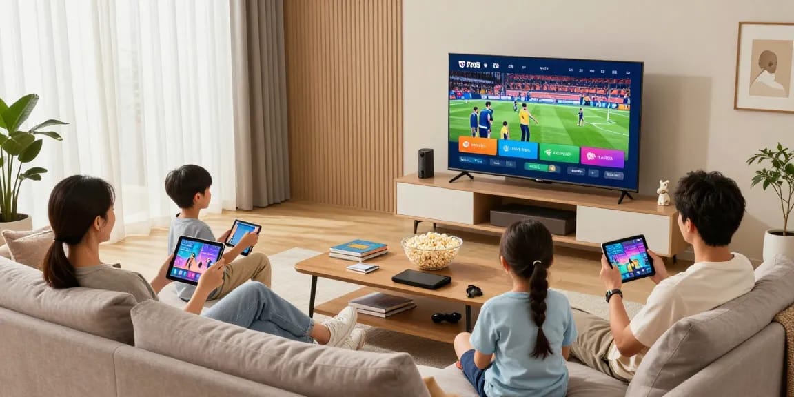 Expérience familiale divertissante avec IPTV multi écrans dans un salon moderne.