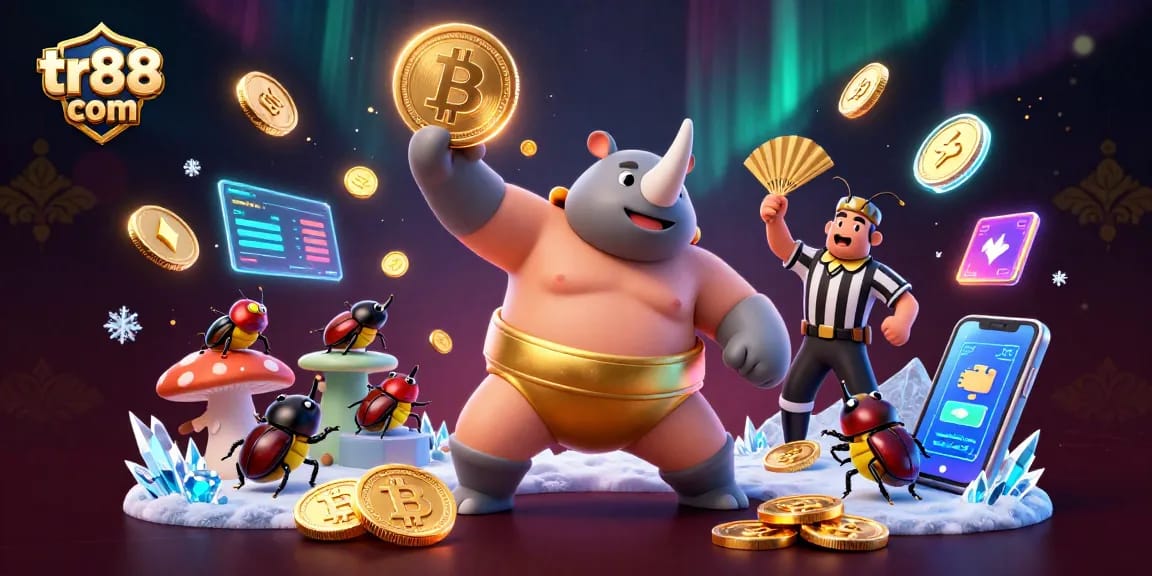 Experience the excitement at tr88 com with a winning sumo beetle amidst flying coins and crypto elements.