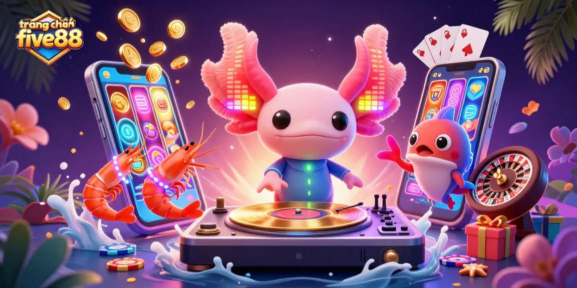 The lively scene featuring trang chủ five88 highlights an axolotl DJ, energetic shrimp dancers, and a hype-man blowfish amidst vibrant casino elements.