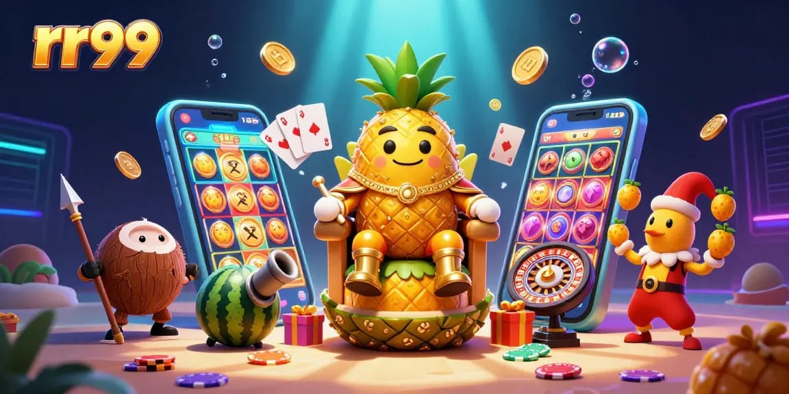 Engage and win with rr99 at a vibrant casino scene featuring a golden pineapple king and colorful games.