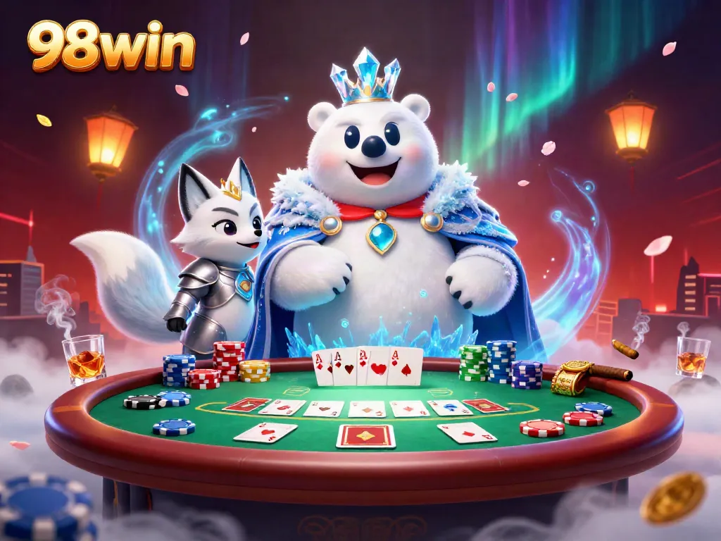 Experience the excitement of 98win with a vibrant casino scene featuring a polar bear and a fox.