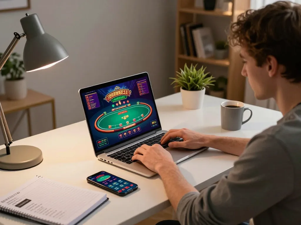 Player engaging in online poker gaming on a laptop, showcasing strategy and focus in a modern setup at 79sodoni.